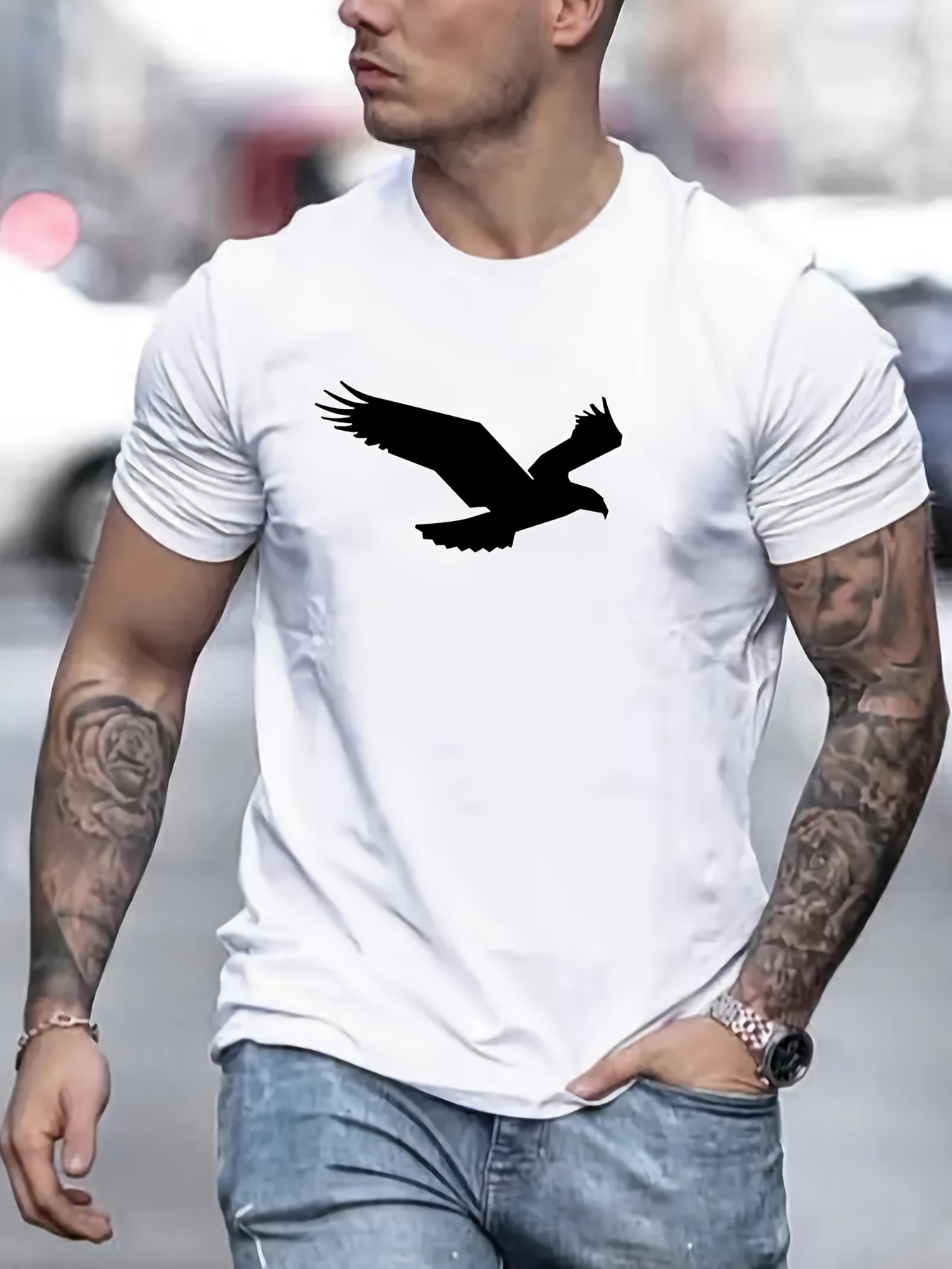 eagle pattern t shirt mens casual street style slightly stretch round neck tee shirt for summer fall details 45