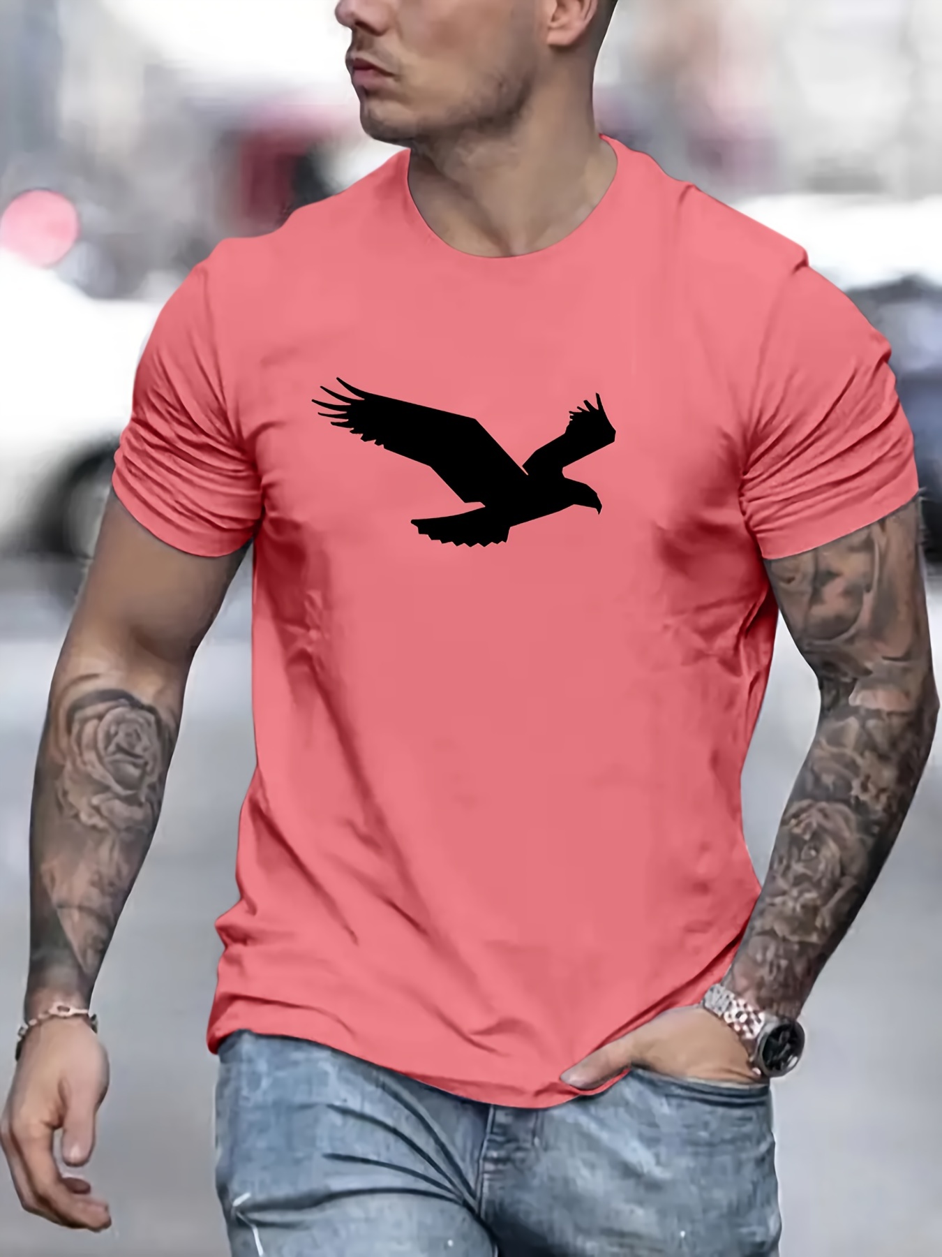 eagle pattern t shirt mens casual street style slightly stretch round neck tee shirt for summer fall details 56