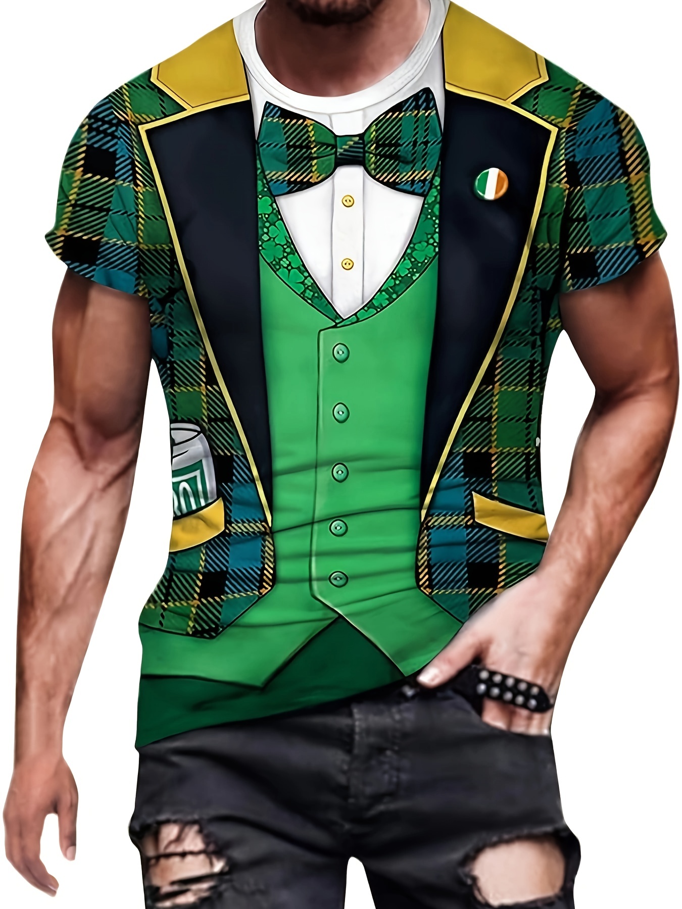 funny bowtie suit 3d graphic print mens creative short sleeve crew neck t shirt summer outdoor st patricks day t shirt details 1