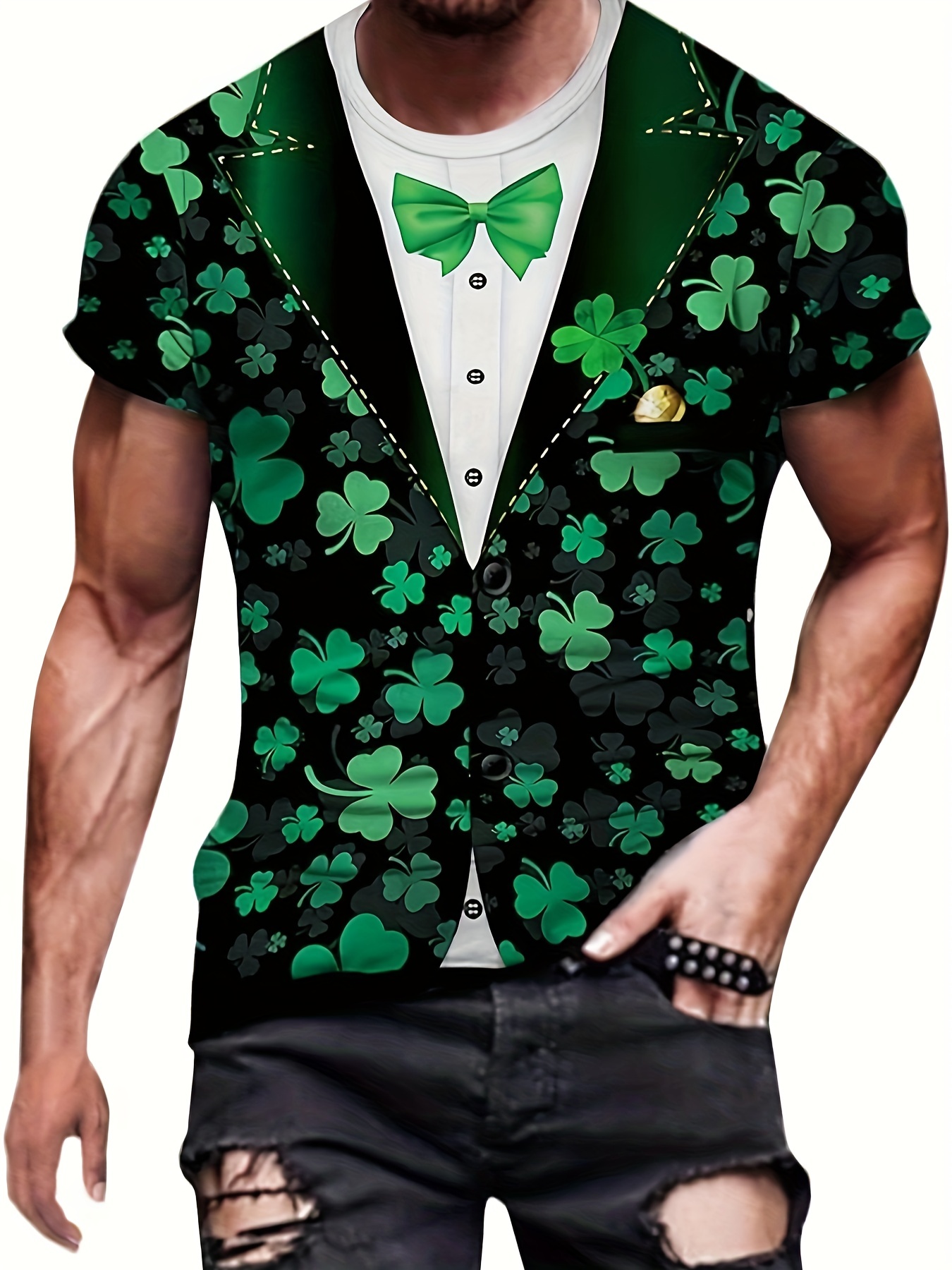 funny bowtie suit 3d graphic print mens creative short sleeve crew neck t shirt summer outdoor st patricks day t shirt details 5