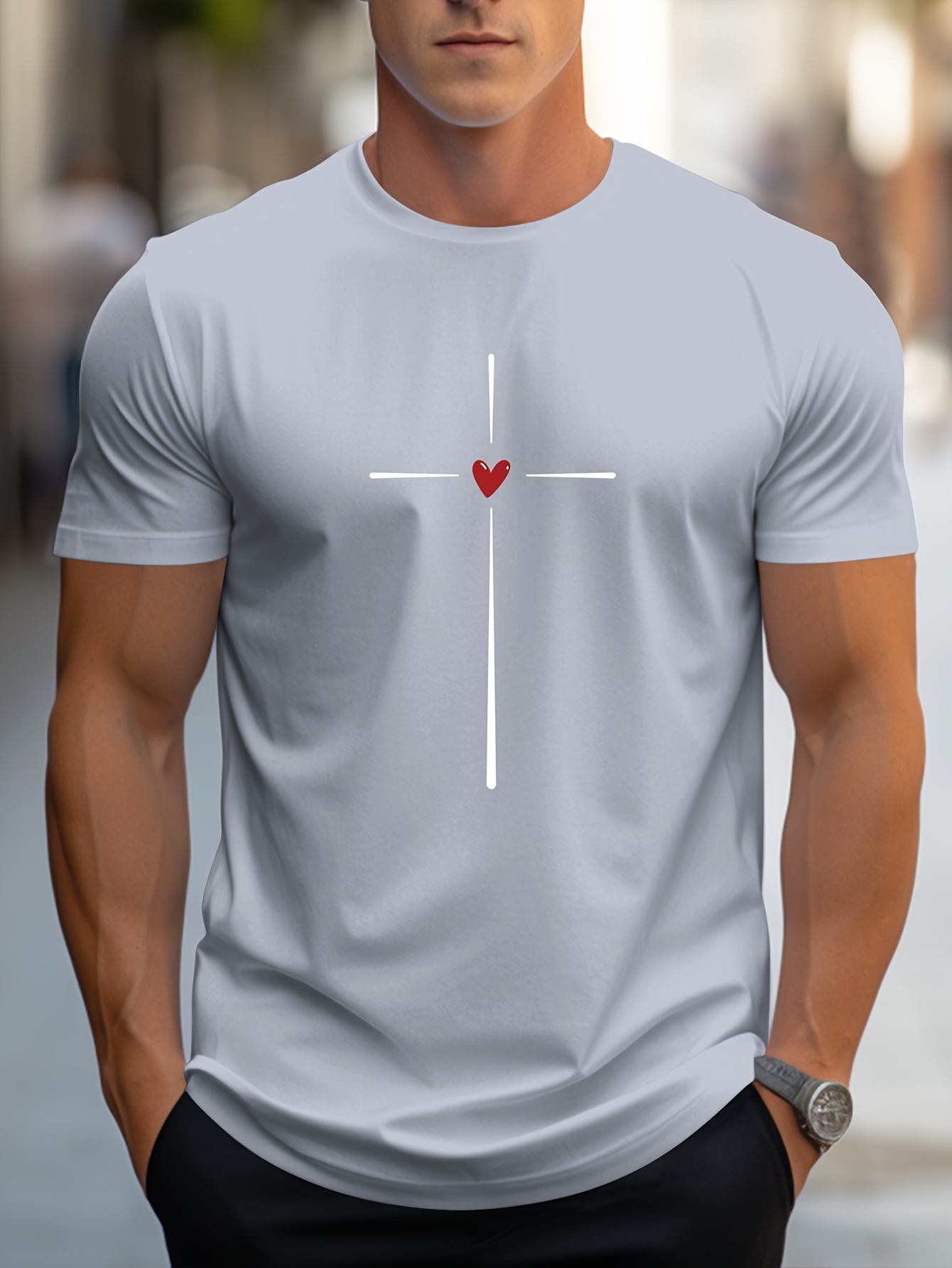 love heart graphic print mens creative top casual short sleeve crew neck t shirt mens clothing for summer outdoor details 0