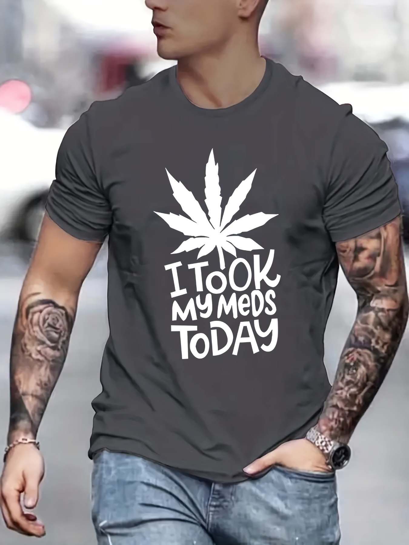 i took my meds today print mens graphic t shirt casual stretch loose tees for summer details 0