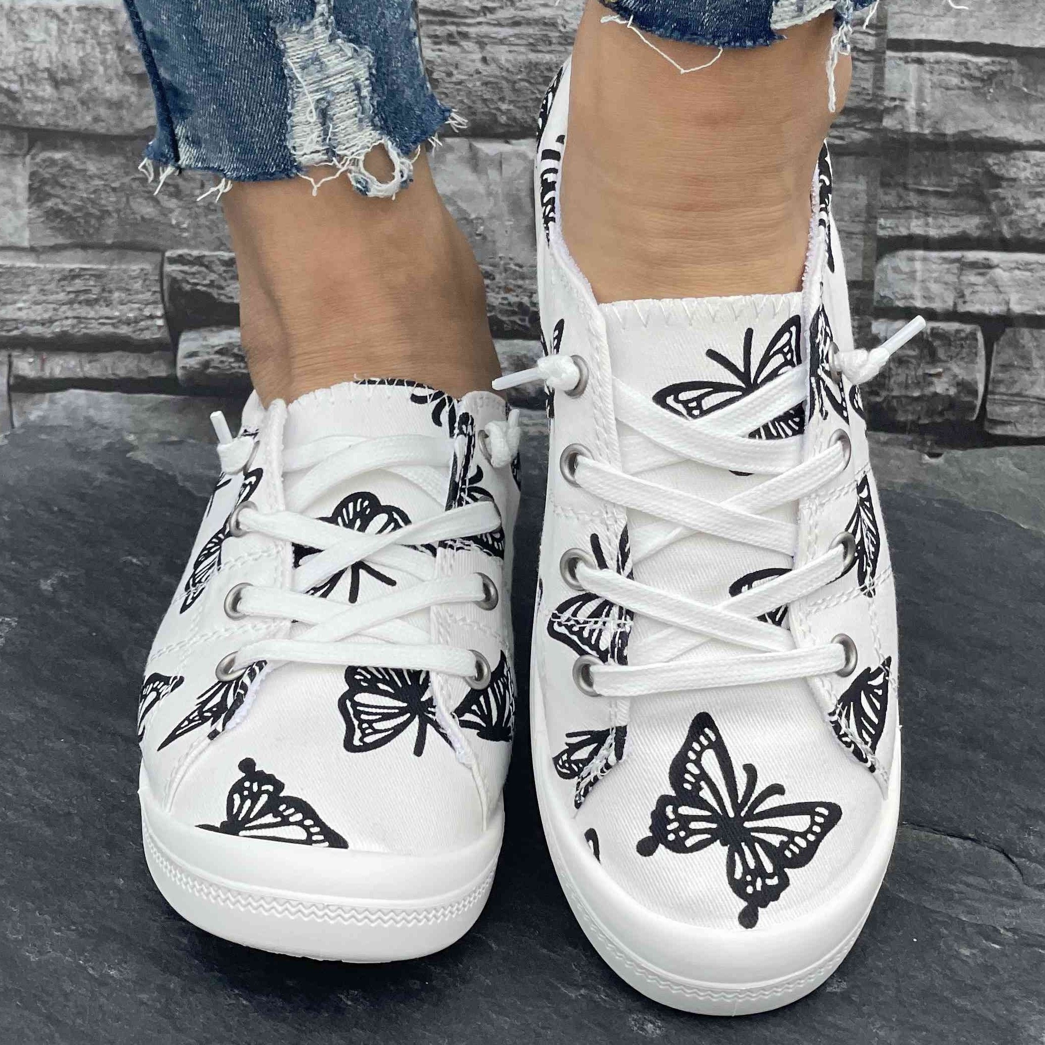 Women s Canvas Sneakers, Fashion Casual Low-Top Shoes, Butterfly Print Comfortable Flat Sports Footwear details 1