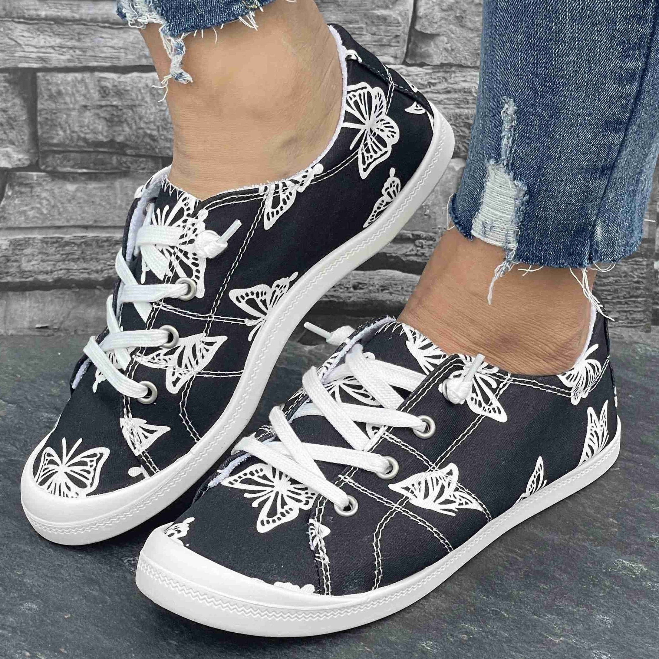 Women s Canvas Sneakers, Fashion Casual Low-Top Shoes, Butterfly Print Comfortable Flat Sports Footwear details 4