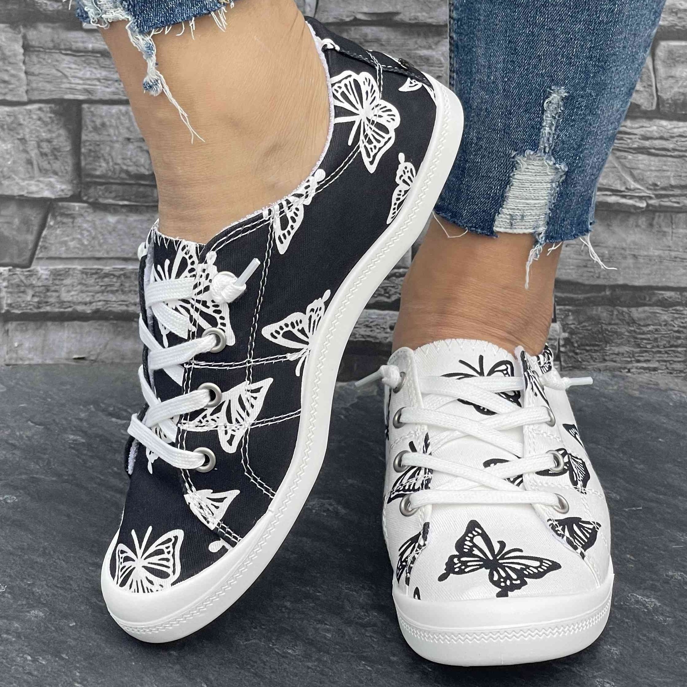 Women s Canvas Sneakers, Fashion Casual Low-Top Shoes, Butterfly Print Comfortable Flat Sports Footwear details 7