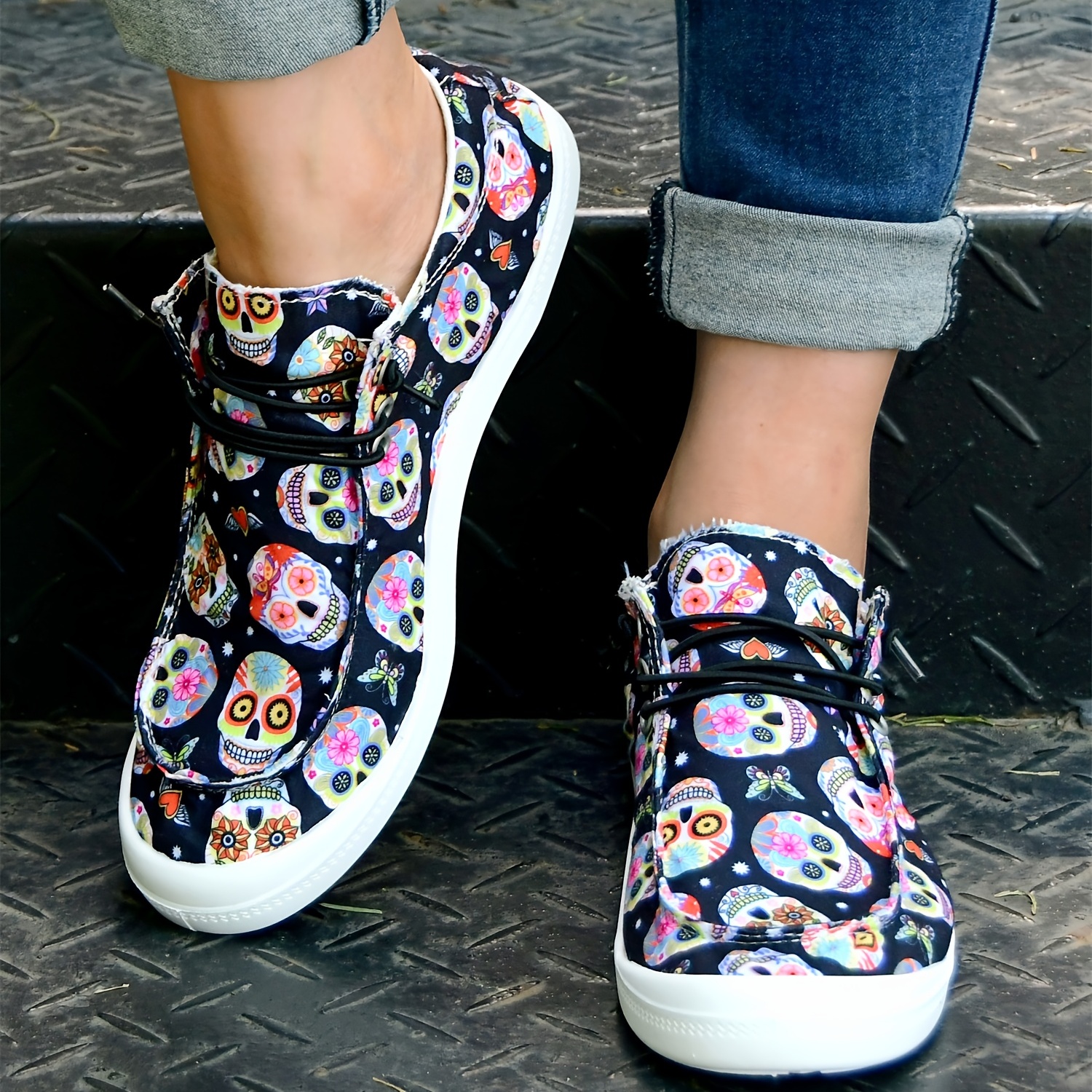 womens colorful skull print canvas shoes comfortable slip on flat halloween shoes casual low top shoes details 1