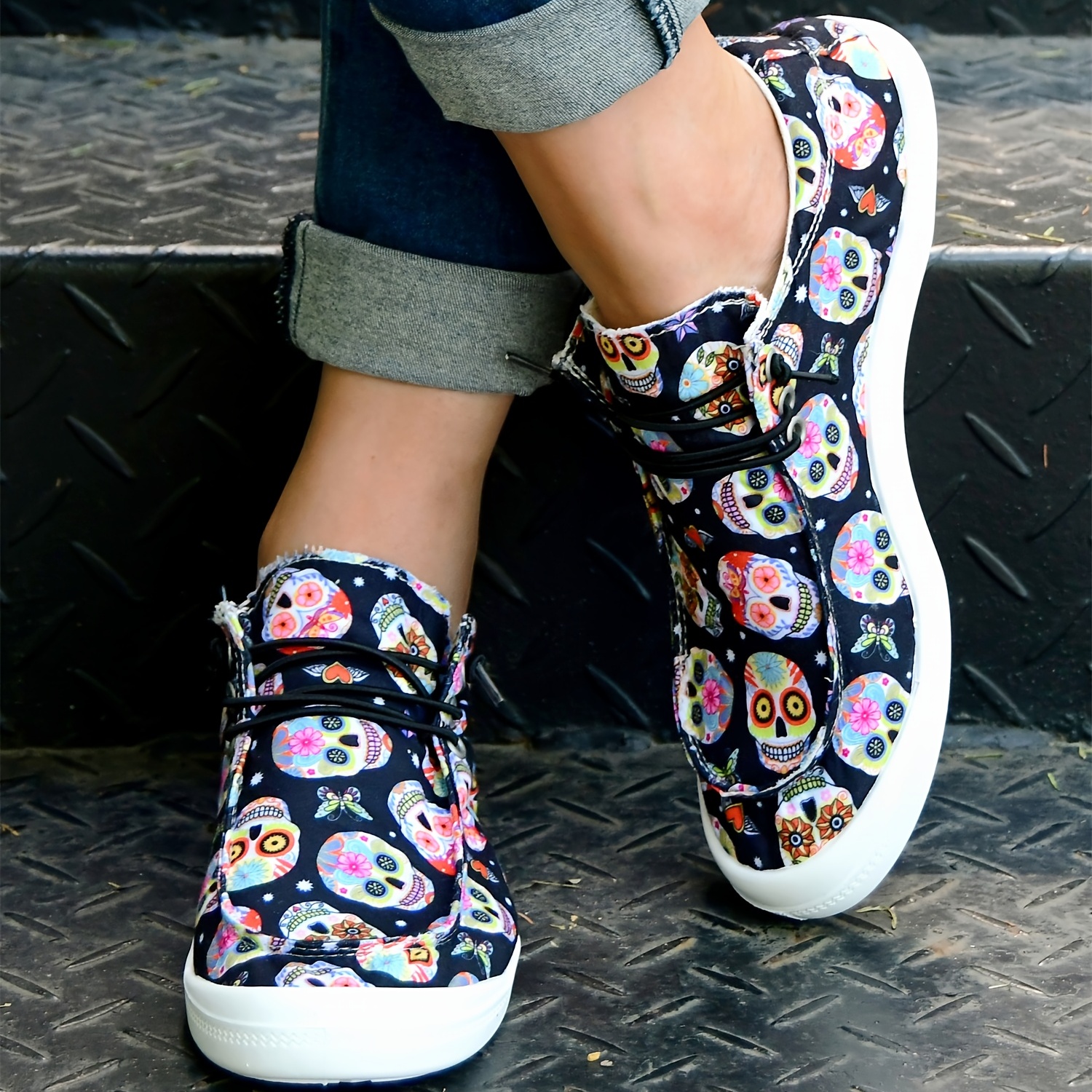 womens colorful skull print canvas shoes comfortable slip on flat halloween shoes casual low top shoes details 5