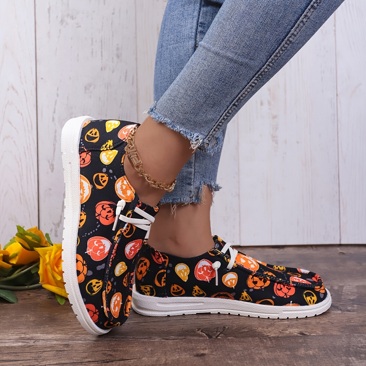 womens pumpkin printed canvas shoes casual halloween slip on flats lightweight low top sneakers details 3