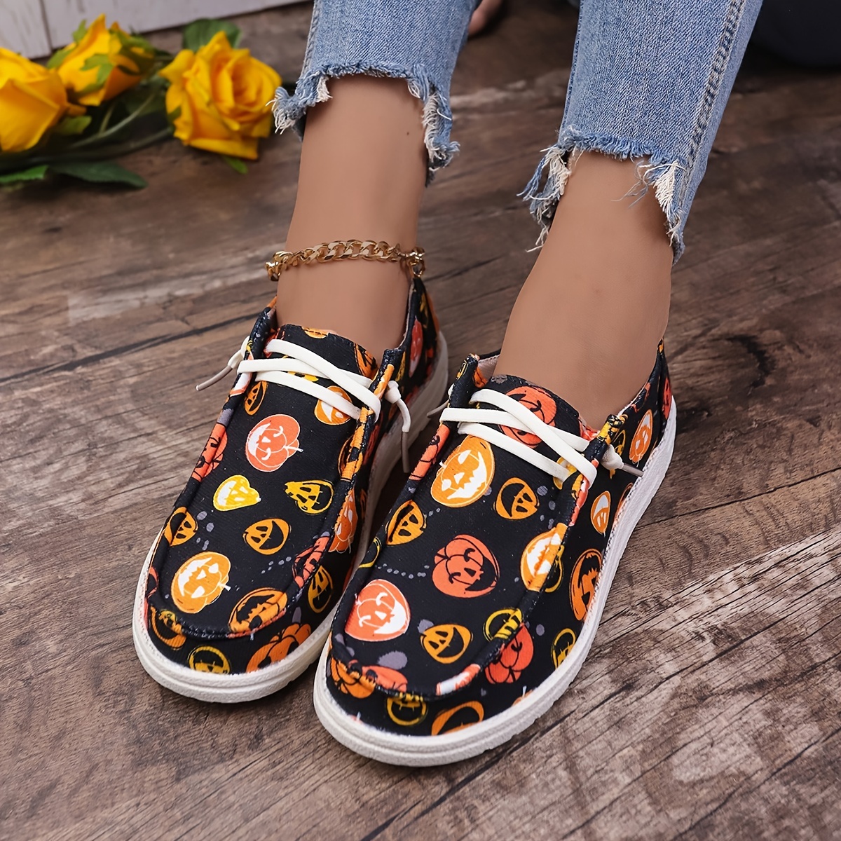 womens pumpkin printed canvas shoes casual halloween slip on flats lightweight low top sneakers details 4