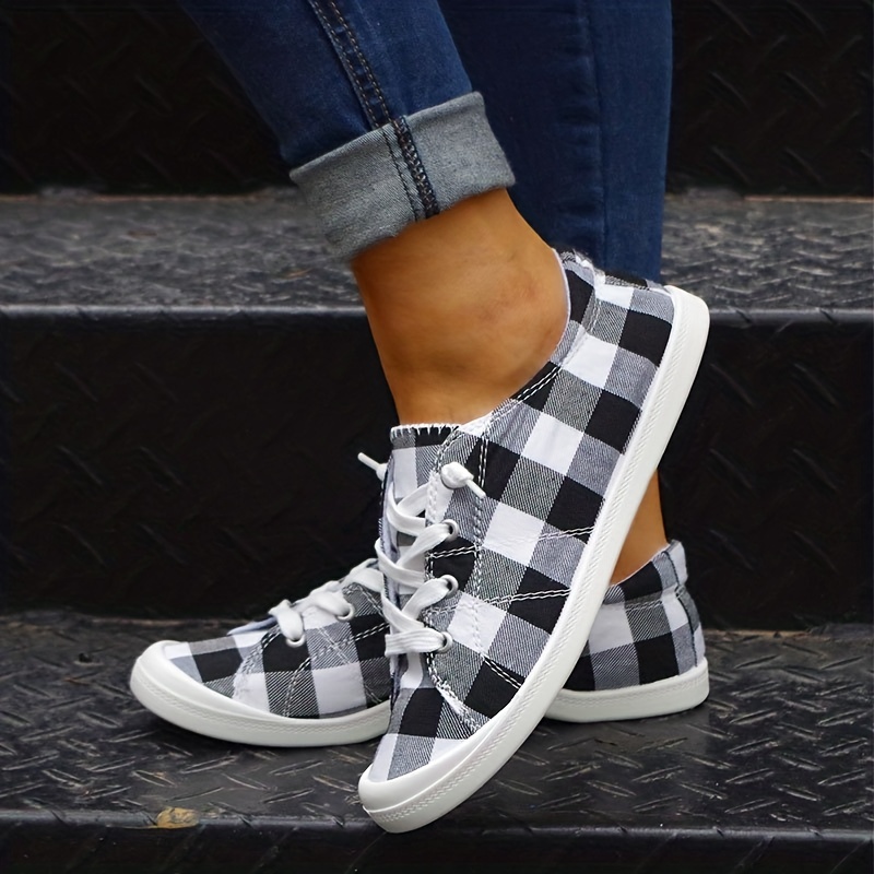 womens plaid pattern canvas shoes casual lace up flat sneakers lightweight low top shoes details 0