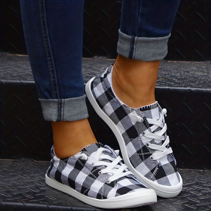 womens plaid pattern canvas shoes casual lace up flat sneakers lightweight low top shoes details 1