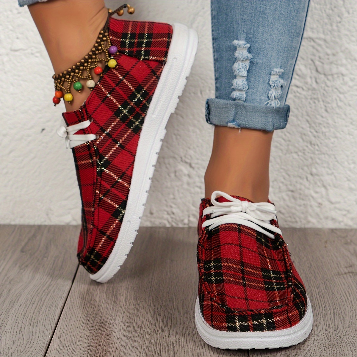 womens christmas style flat shoes plaid christmas tree pattern low top shoes casual all match sneakers details 2