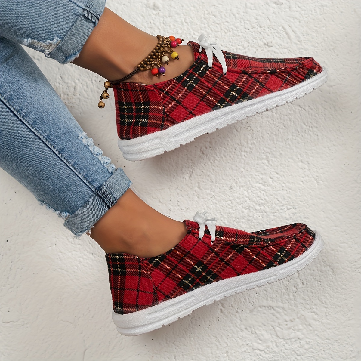 womens christmas style flat shoes plaid christmas tree pattern low top shoes casual all match sneakers details 4