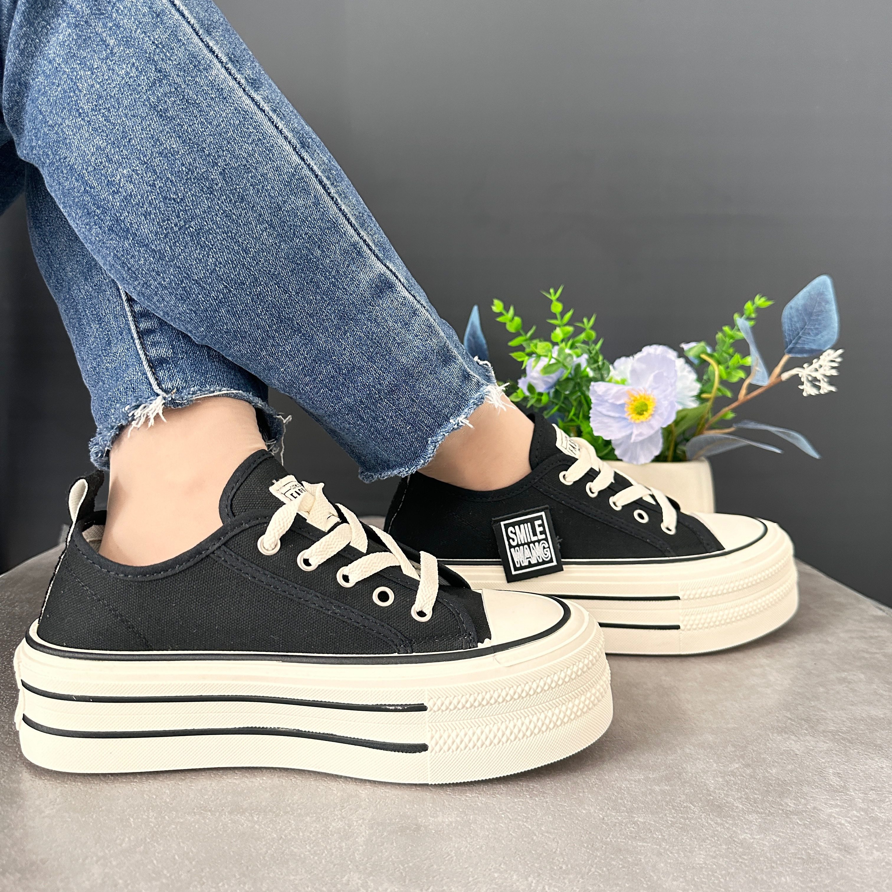 Women s Simple Platform Canvas Shoes, Casual Lace Up Outdoor Shoes, Comfortable Low Top Shoes details 10