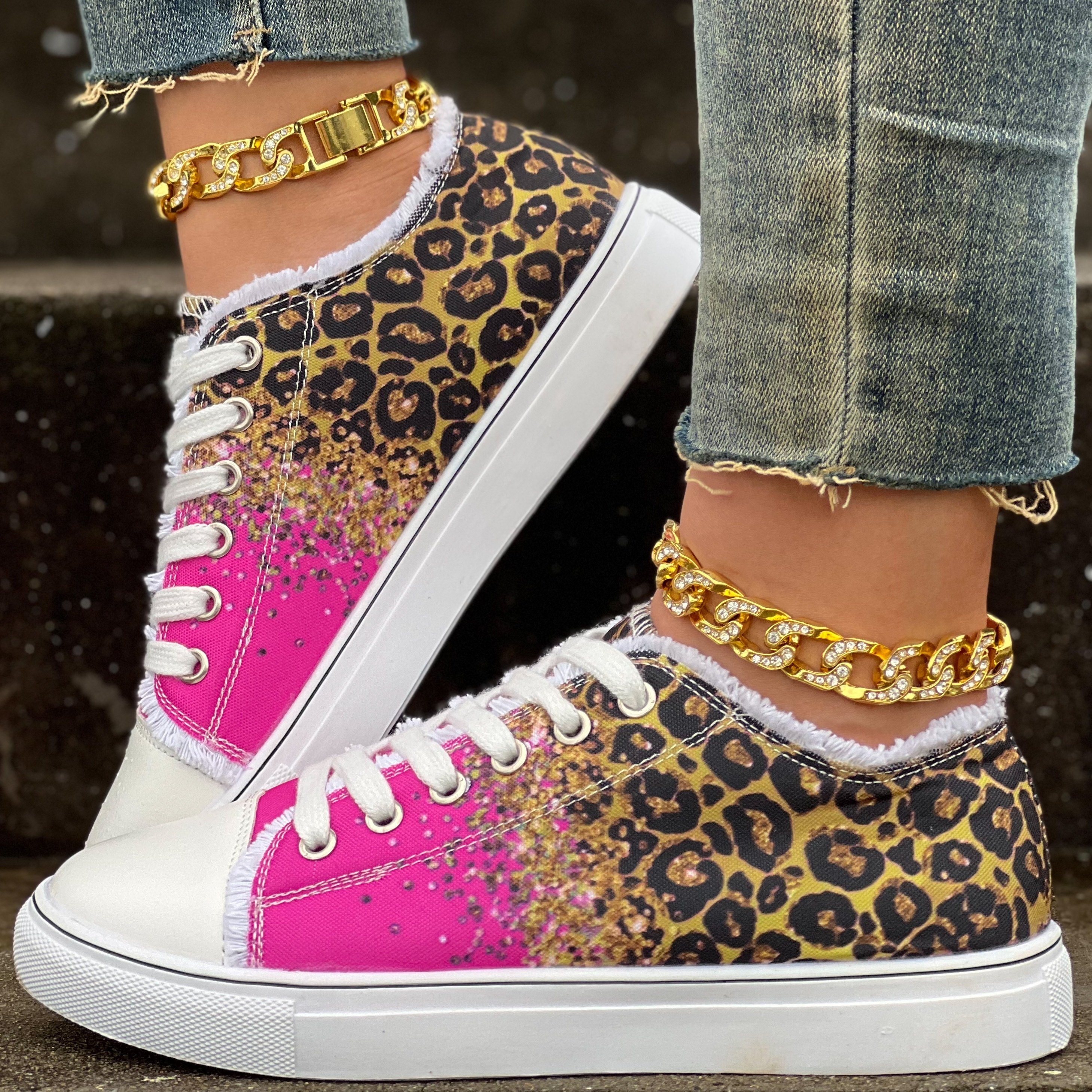 womens leopard print canvas shoes casual glitter sequins decor lace up shoes lightweight low top sneakers details 0