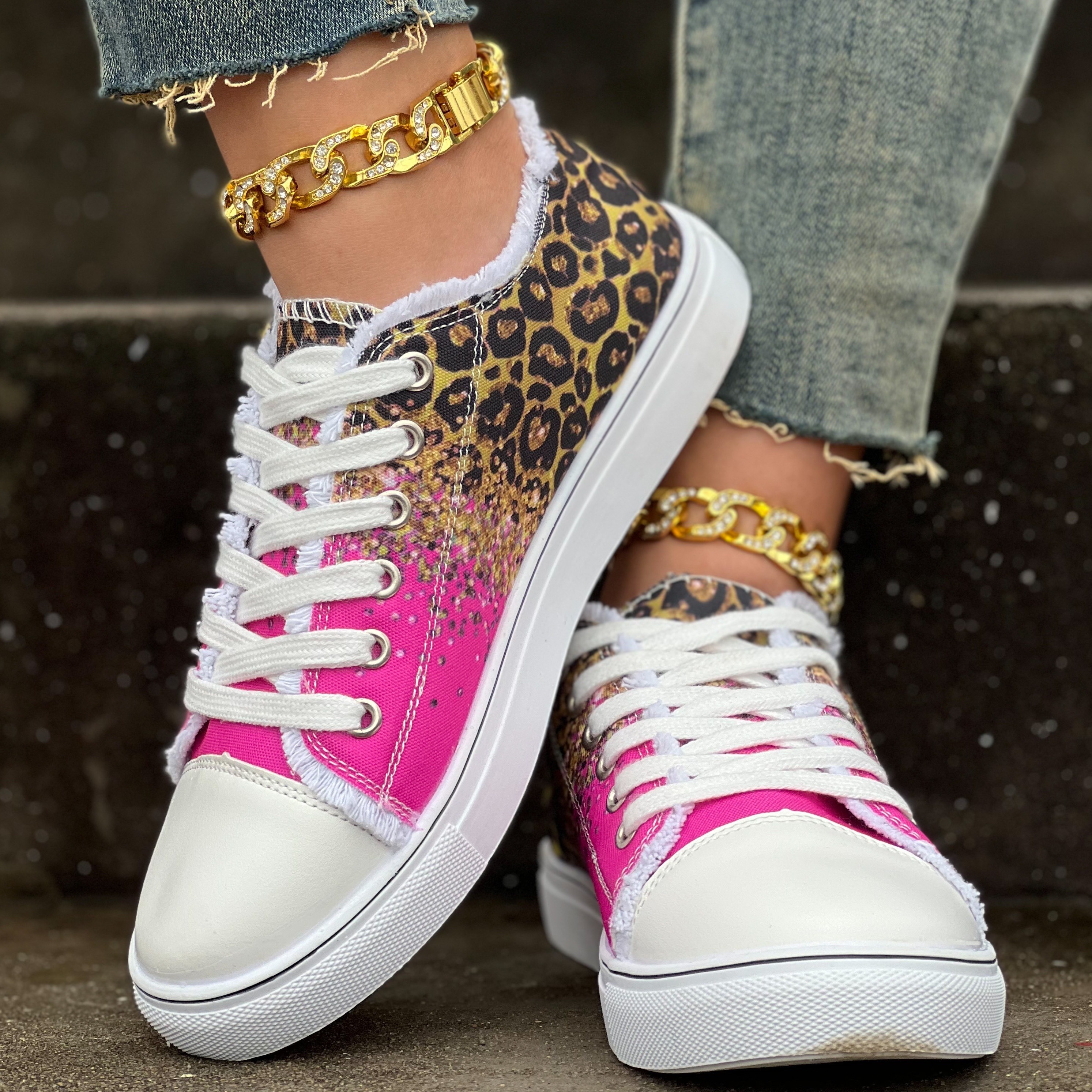 womens leopard print canvas shoes casual glitter sequins decor lace up shoes lightweight low top sneakers details 3