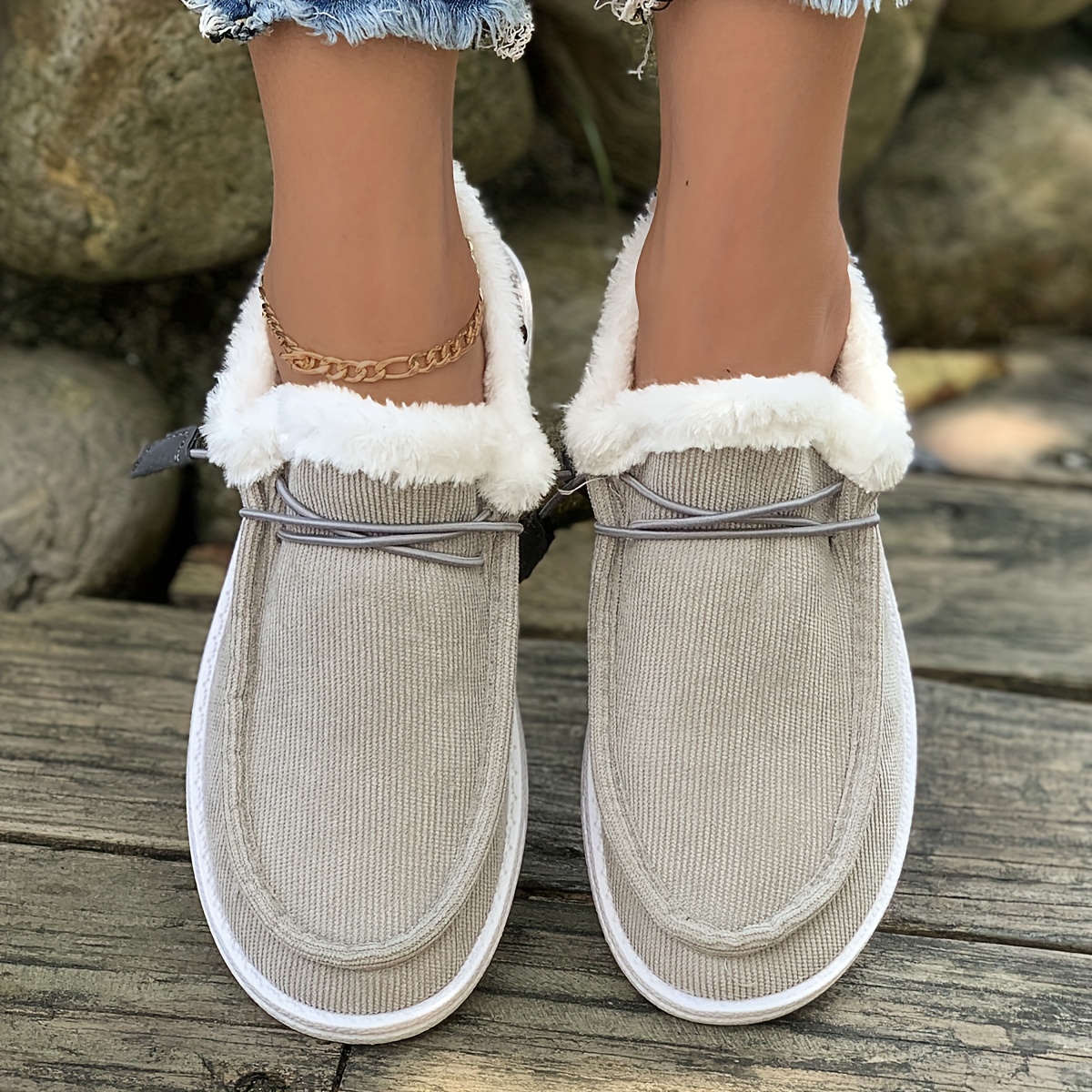 womens plush lined flat loafers winter warm round toe slip on flat shoes casual low top soft sole shoes details 2