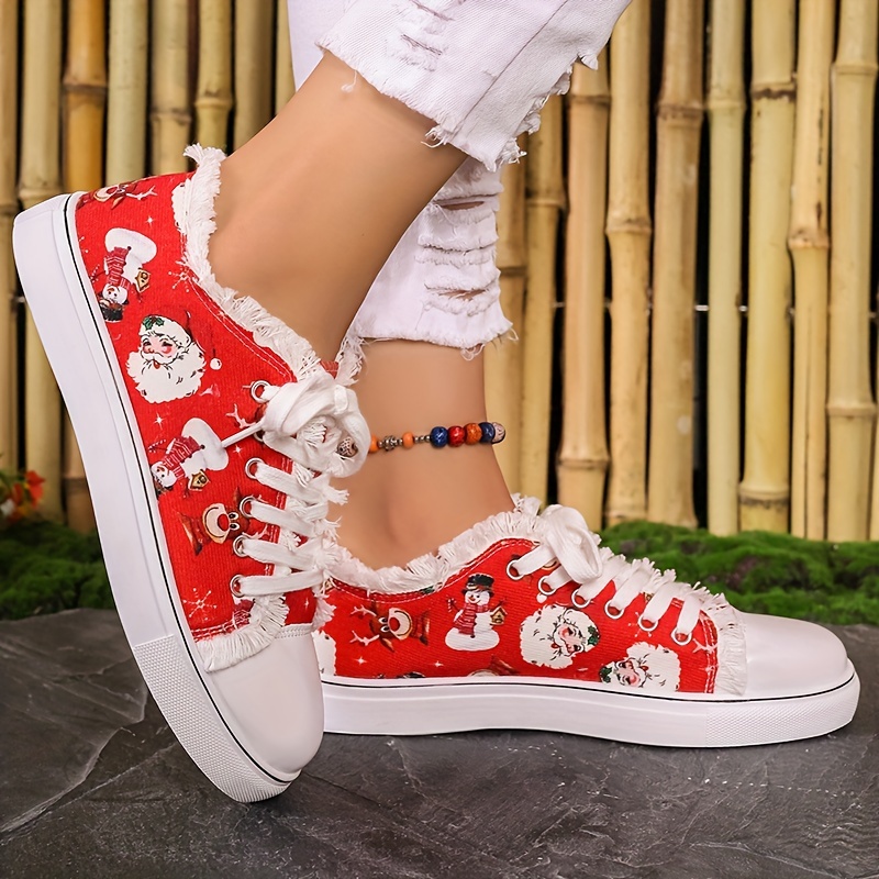 womens christmas print canvas shoes casual lace up outdoor shoes lightweight low top sneakers details 0