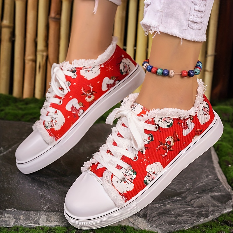 womens christmas print canvas shoes casual lace up outdoor shoes lightweight low top sneakers details 1