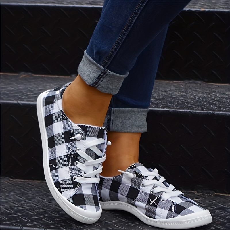 womens plaid pattern canvas shoes casual lace up outdoor shoes lightweight low top sneakers details 8