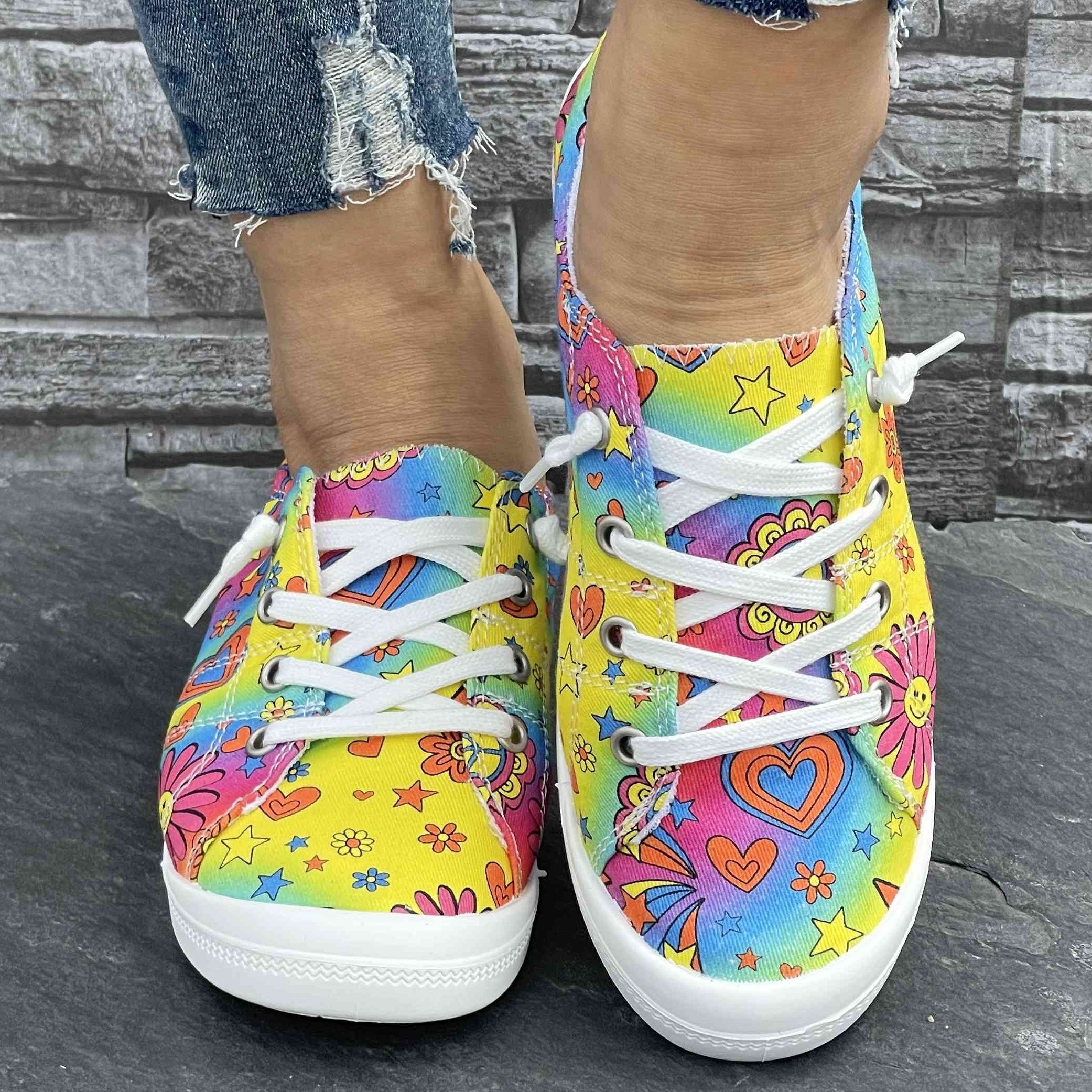 Women s Colorful Star And Flower Print Sneakers, Casual Canvas Slip On Lightweight Walking Shoes, Versatile Footwear With Campus Style details 2