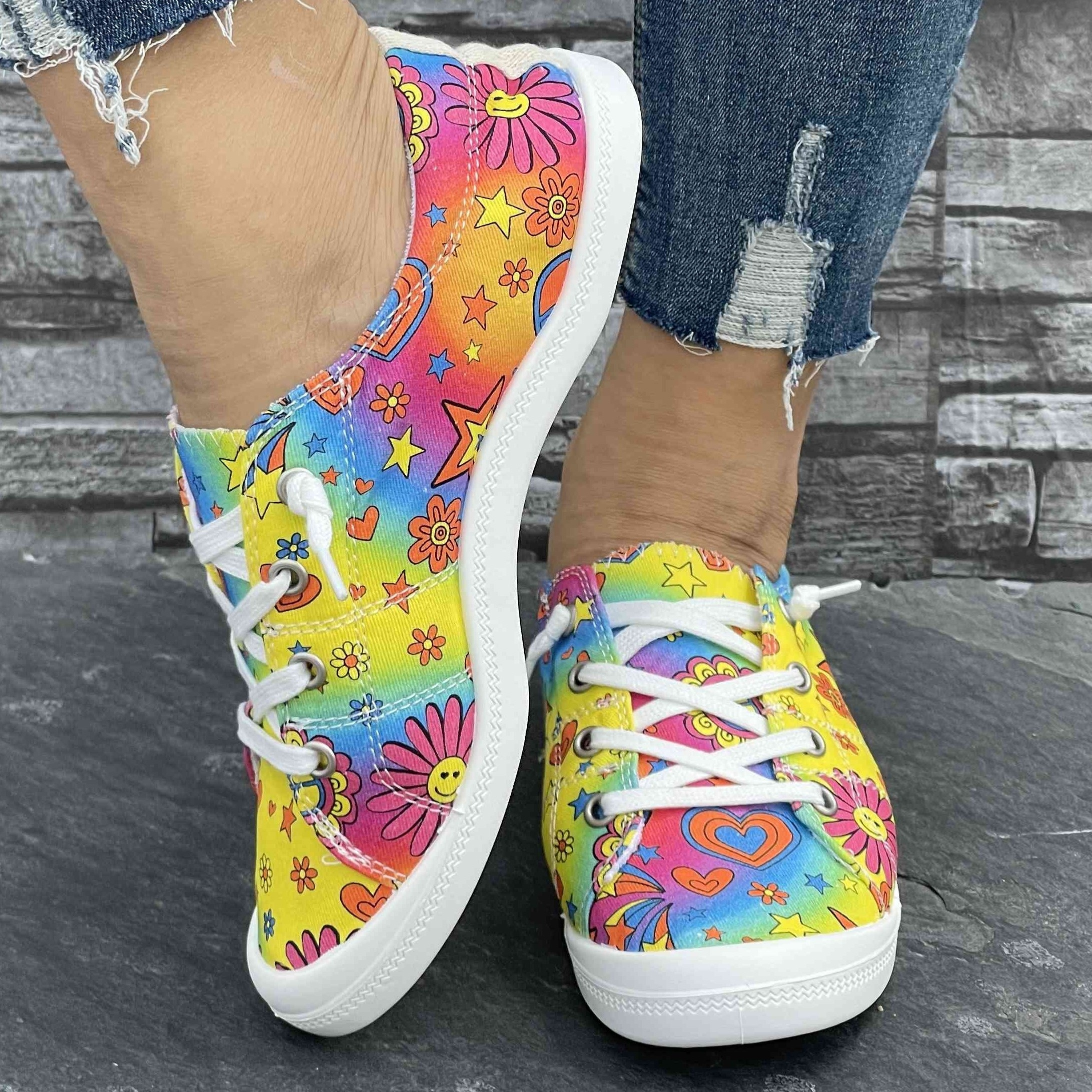 Women s Colorful Star And Flower Print Sneakers, Casual Canvas Slip On Lightweight Walking Shoes, Versatile Footwear With Campus Style details 3