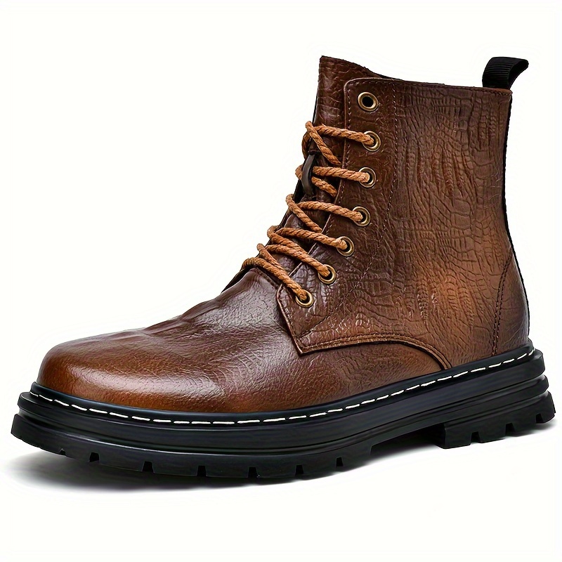 Plus Size Men s Split Leather Solid Colour High Top Plain Toe Boots, Comfy Non Slip Rubber Sole Riding Shoes For Men s Outdoor Activities details 0